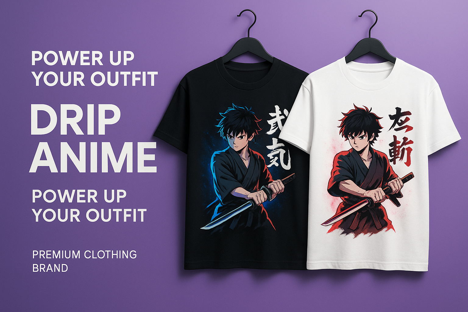 Minimalist fashion poster, two anime-style graphic T-shirts on hangers, streetwear anime designs printed with samurai boy wielding katana, neon blue and red aura, dramatic Japanese brushstroke text, purple gradient background, bold white modern text on left side: DRIPANIME – Power Up Your Outfit, premium clothing brand mockup, high quality advertisement"